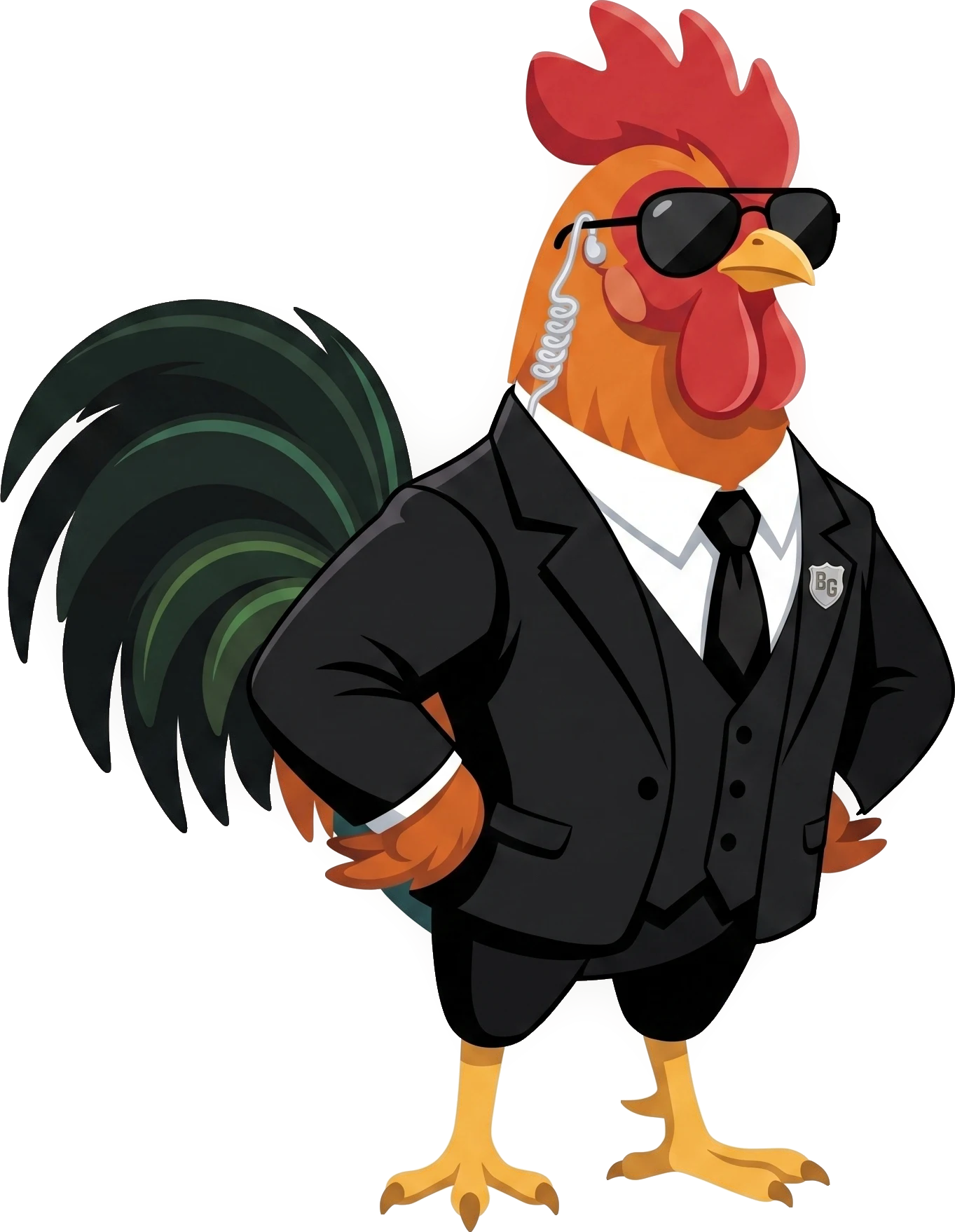 The one standing between you and the snooze button: Roosta's rooster in a black suit and sunglasses, earpiece in, wings on his hips.