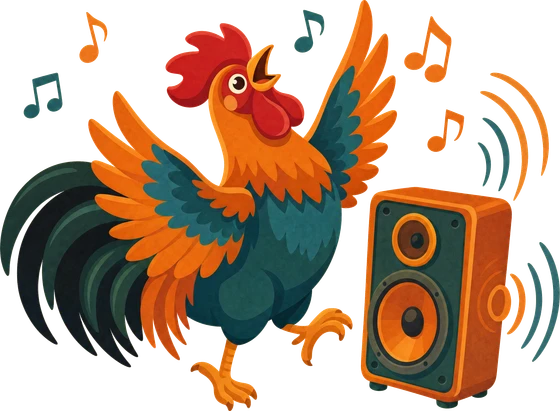 Roosta's rooster dancing beside a speaker.