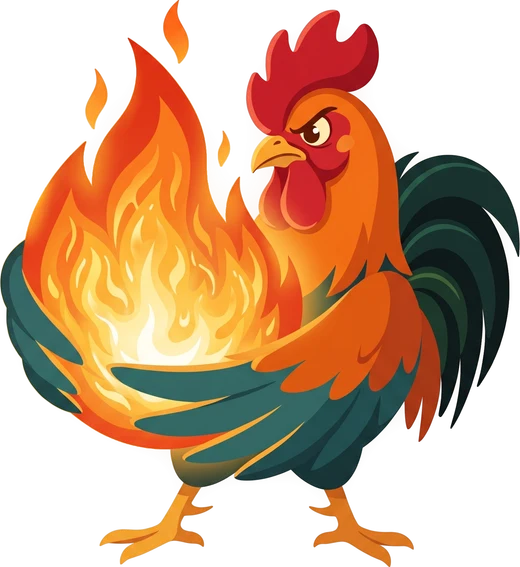 Roosta's rooster, alight.