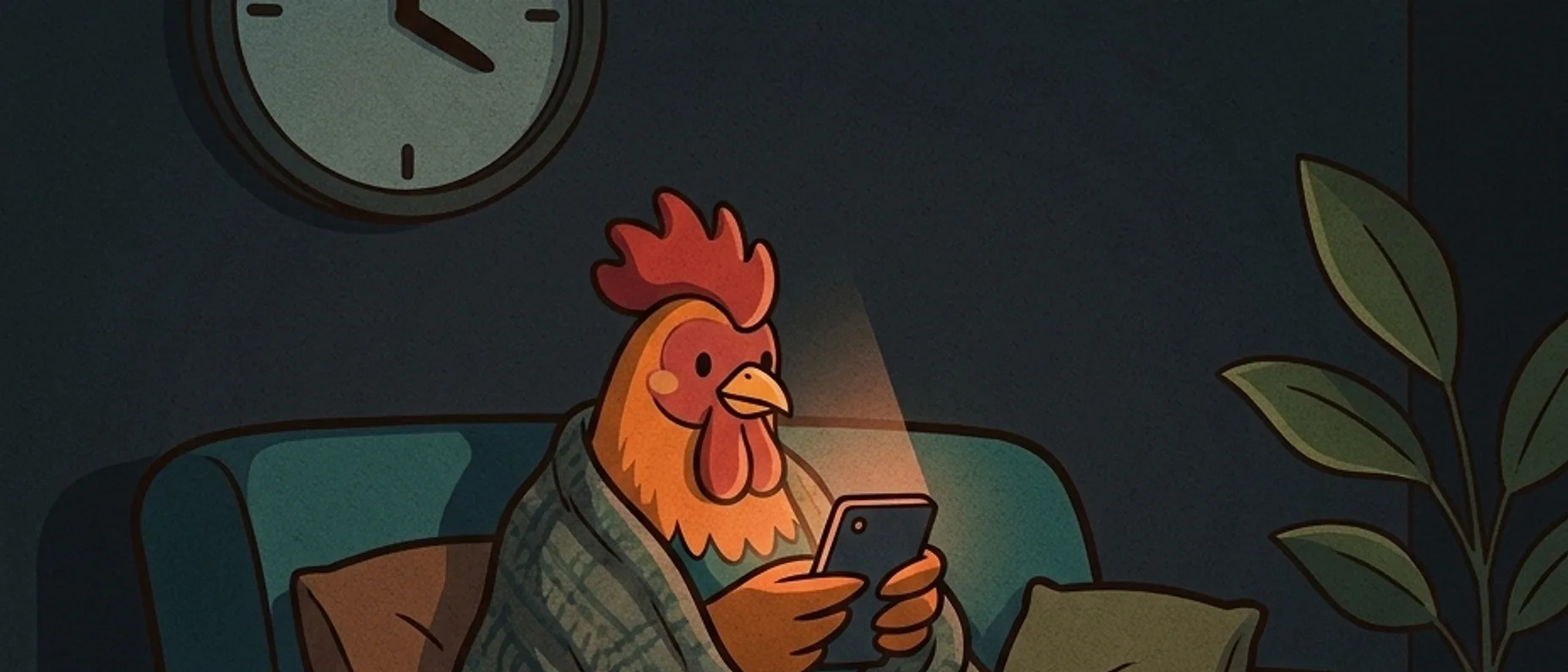 One in the morning: Roosta’s rooster sunk into a sofa under a blanket, lit by his phone, the clock on the wall behind him.