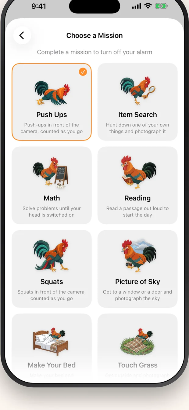 Roosta's mission chooser: push-ups, item search, math, reading, squats and more.