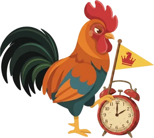 Roosta beside a stopped alarm clock with a flag on it.